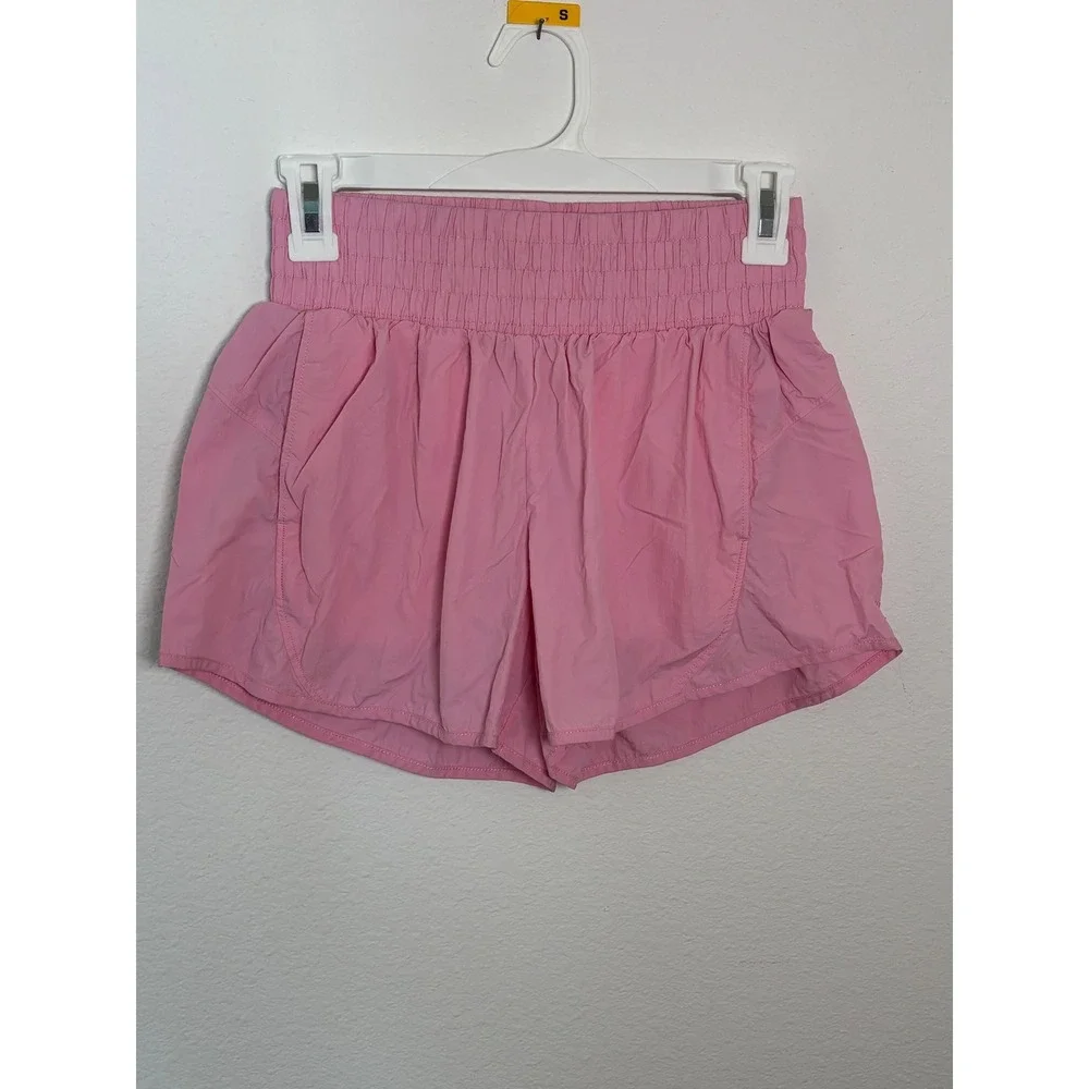 All In Motion Girls Pink Smocked Waist Running Shorts Size L 10/12 Pockets